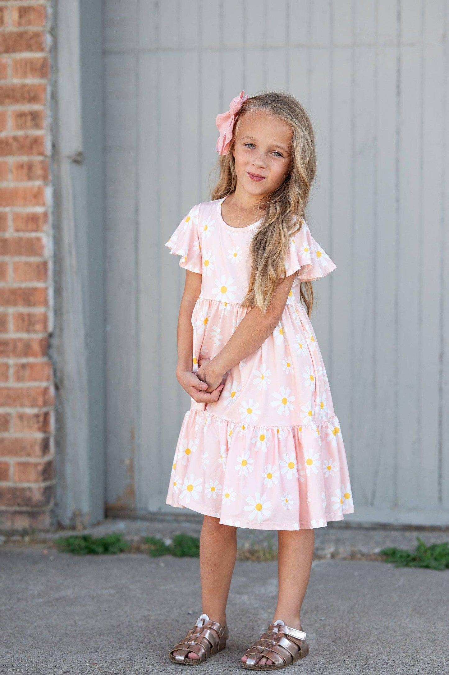 Dress - Girls Emma Pink Spring Daisy Flutter Sleeve Twirl Dress