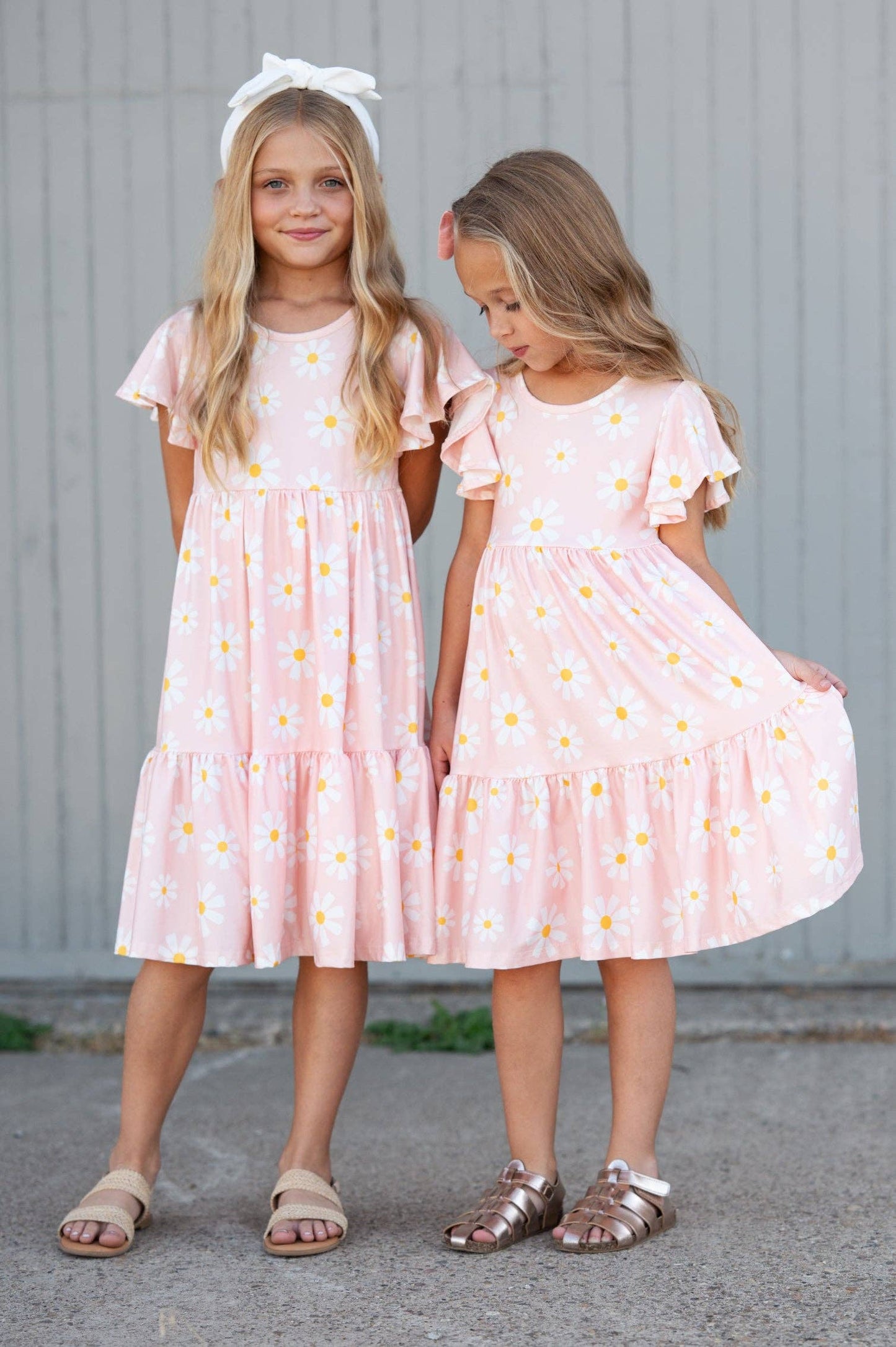 Dress - Girls Emma Pink Spring Daisy Flutter Sleeve Twirl Dress