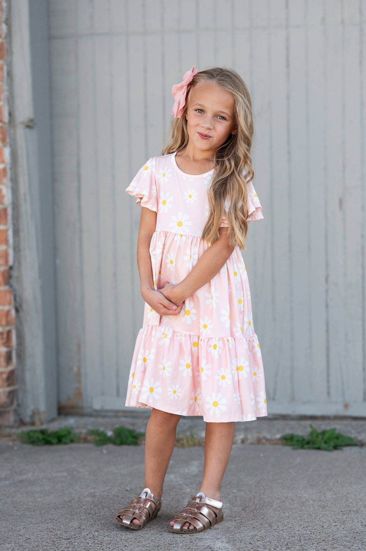 Dress - Girls Emma Pink Spring Daisy Flutter Sleeve Twirl Dress
