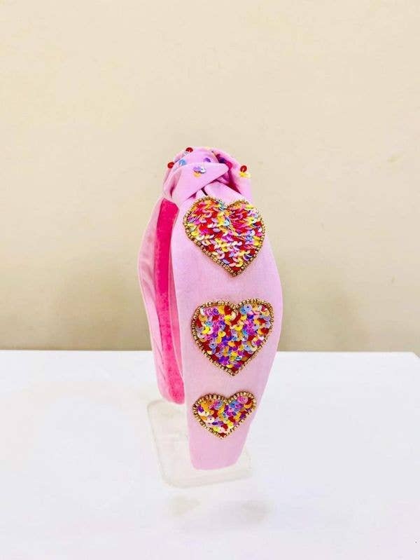 Headband - Valentine's Day Sequin Hearts Top Knot PINK